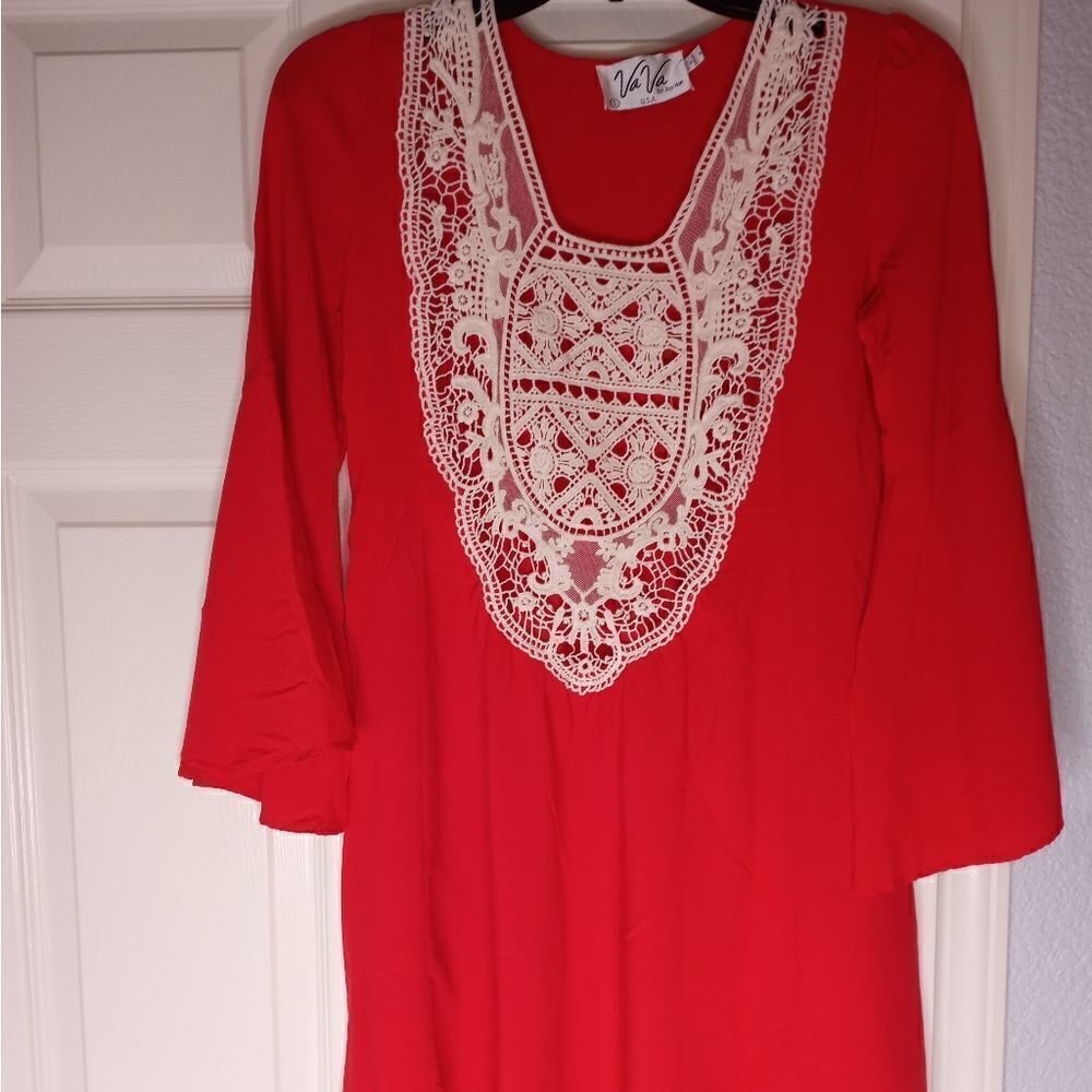 VaVa by Joy Hon S Red Bell Longsleeves Crochet Front Ruffle Waist Women’s Dress.
